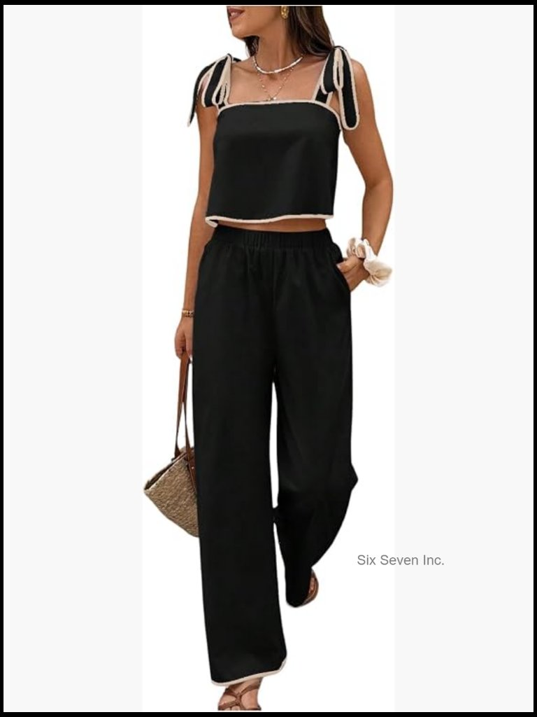 2 Piece Set Tie Shoulder Crop Top And Pants Travel Outfits Lightweight